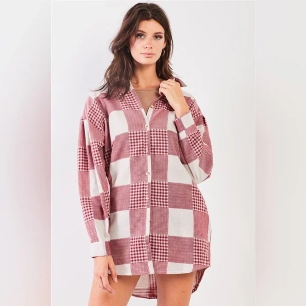 ❄️ Very J | Red & Natural Multi Plaid Oversized Button Down Shirt Mini Dress